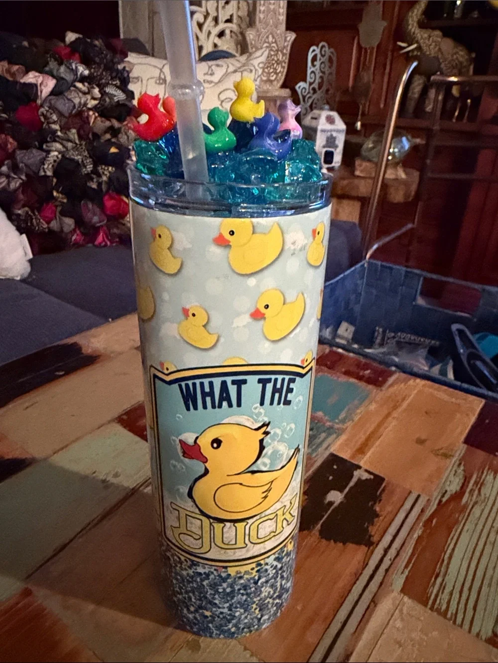 Rubber Duck Pattern Travel Tumbler with Colorful Duck Charm Lid